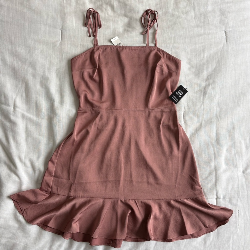 Express Pink Salmon Little Mini Dress with Ruffle Hem and Tie Straps